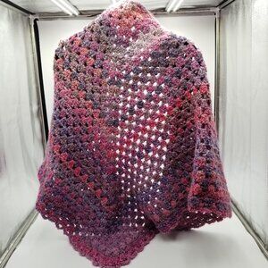 Fuzzy purple/lavender/pink shawl across shoulders =64", back length=36 inches